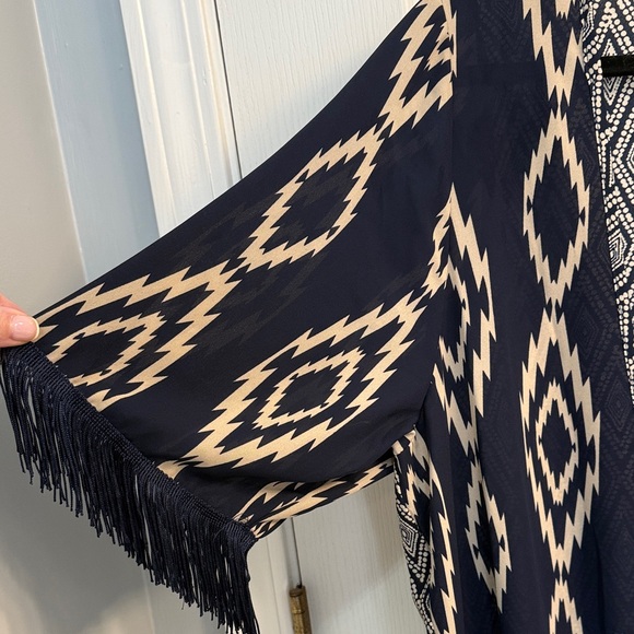 Rue21 Navy and Tan Aztec Patterned Open Cardigan with Fringe - Picture 3 of 5